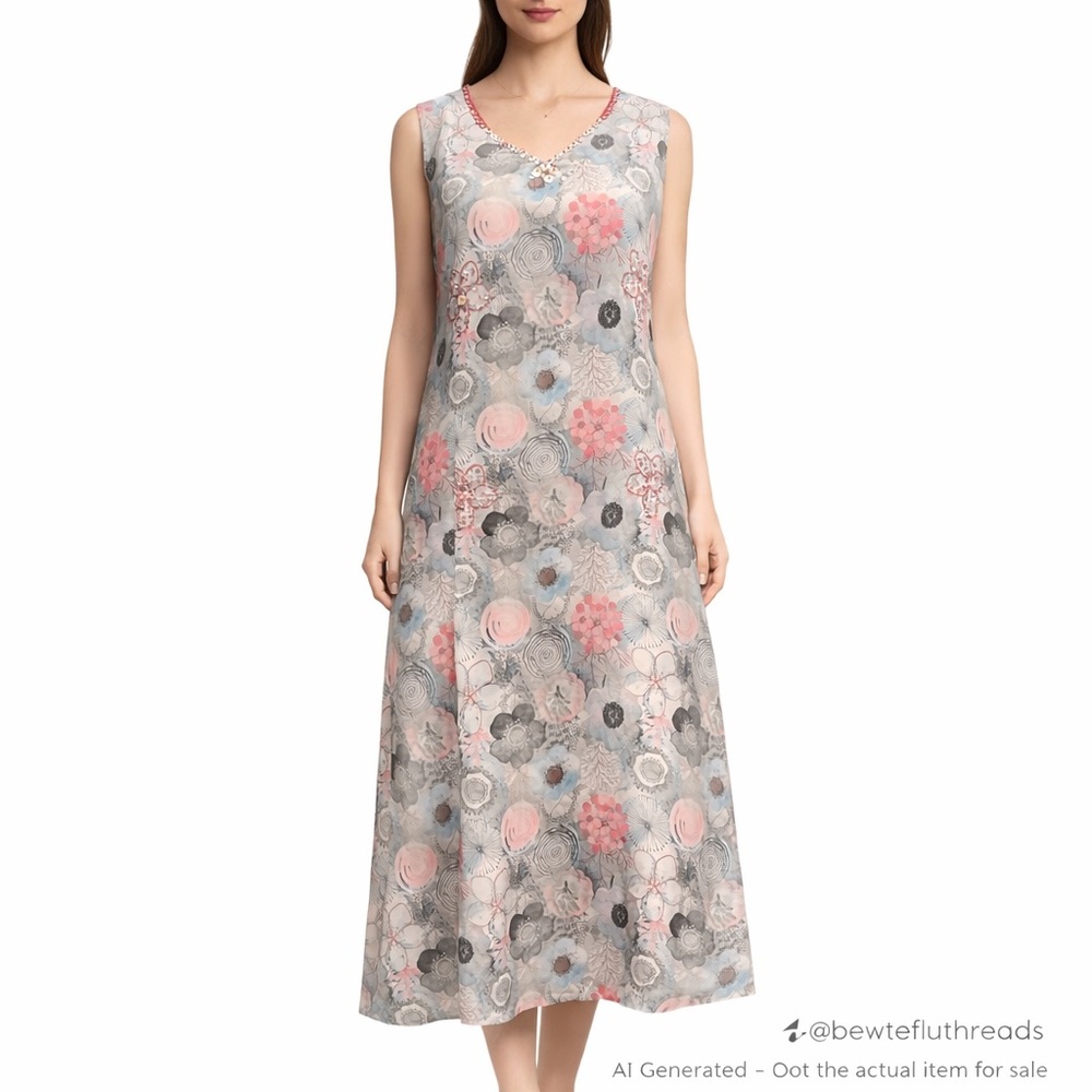 Feather Touch M Grey Pink Floral A-Line Midi Dress Boho Romantic Cottagecore